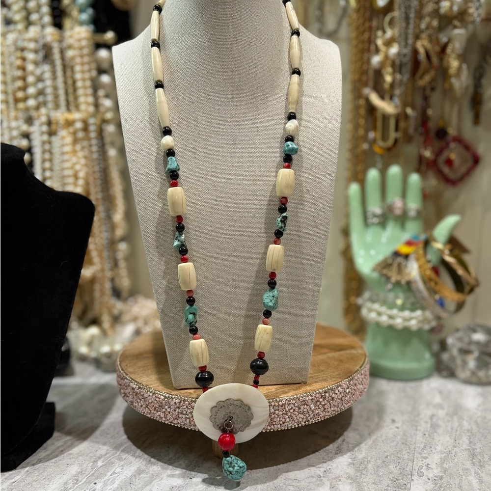 Vintage Bone Turquoise Shell Native Necklace Tribal Southwest